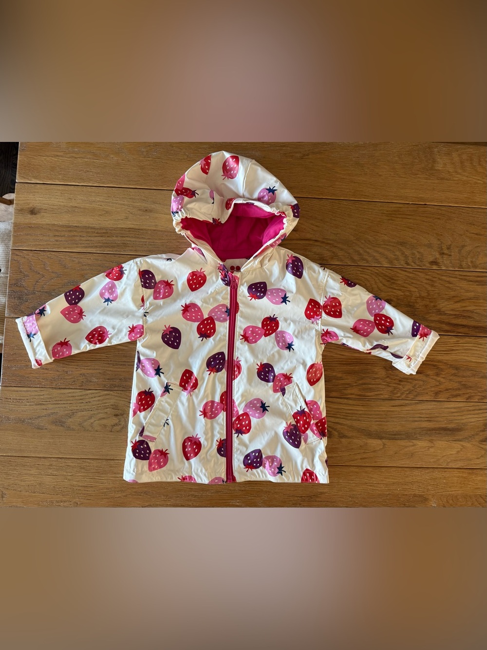 Catimini White Hooded Raincoat with Pink, Red & Purple Strawberry Print